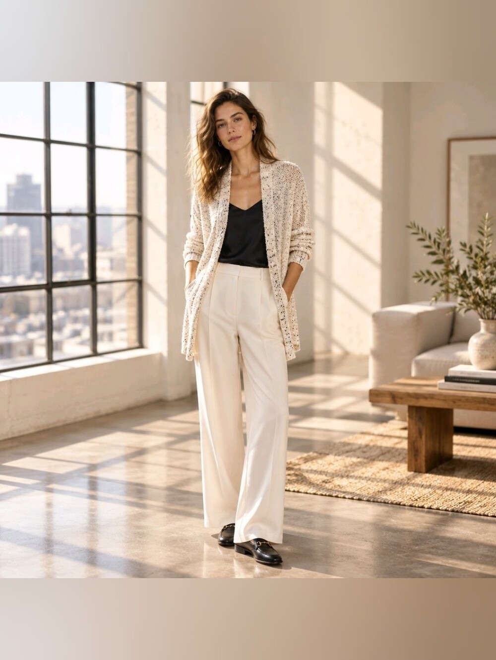 Kismet Open-Front Cream Speckled Knit Cardigan